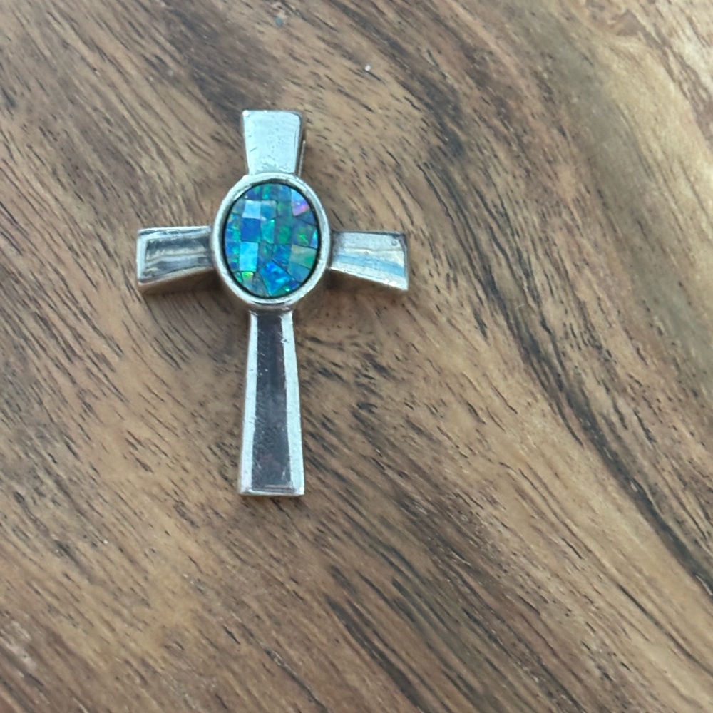 Silver Cross Pendant with Mosaic Opal Inlay